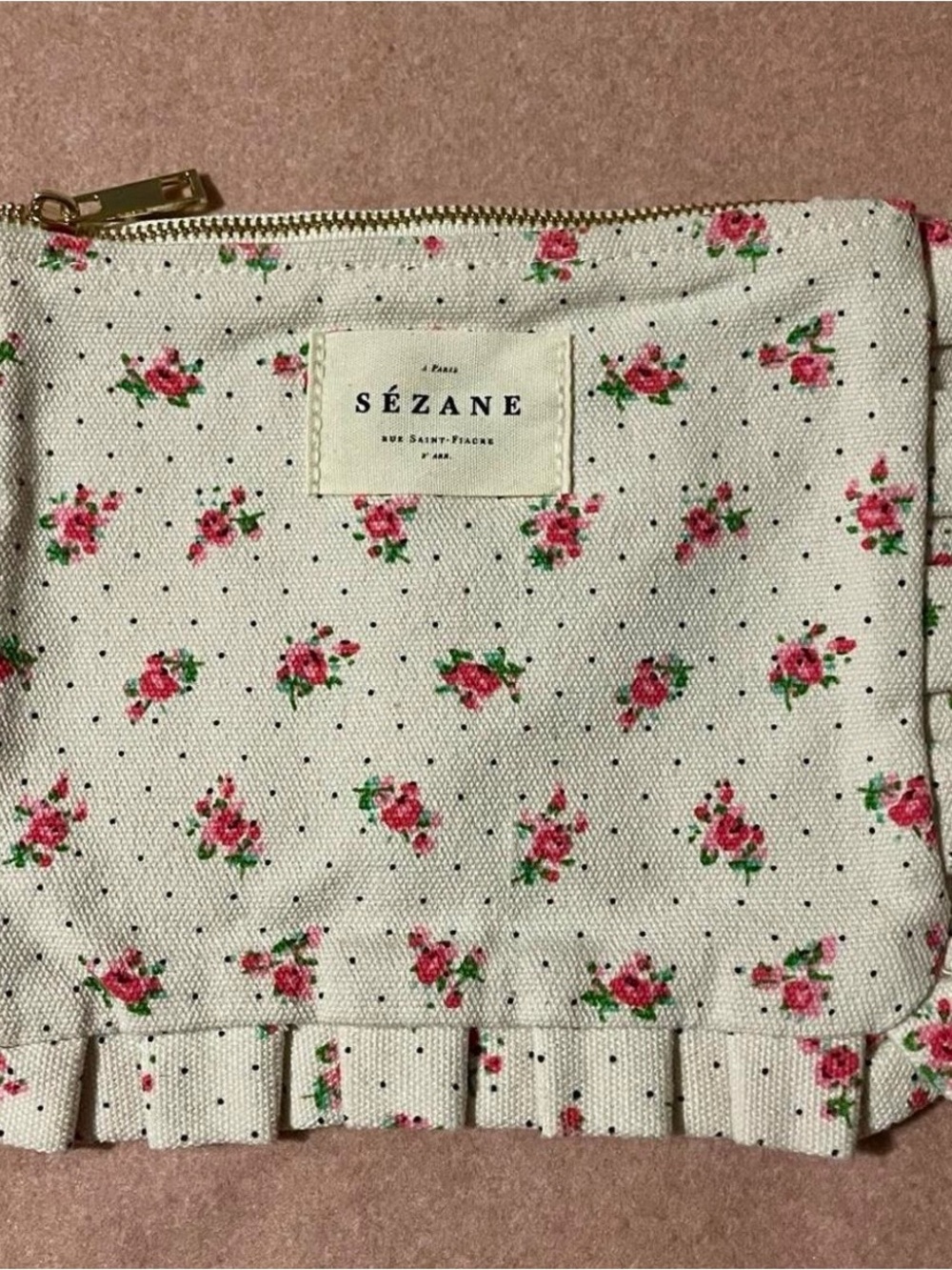 Sézane Cream Floral Zip Cosmetic Pouch with Pink Roses
